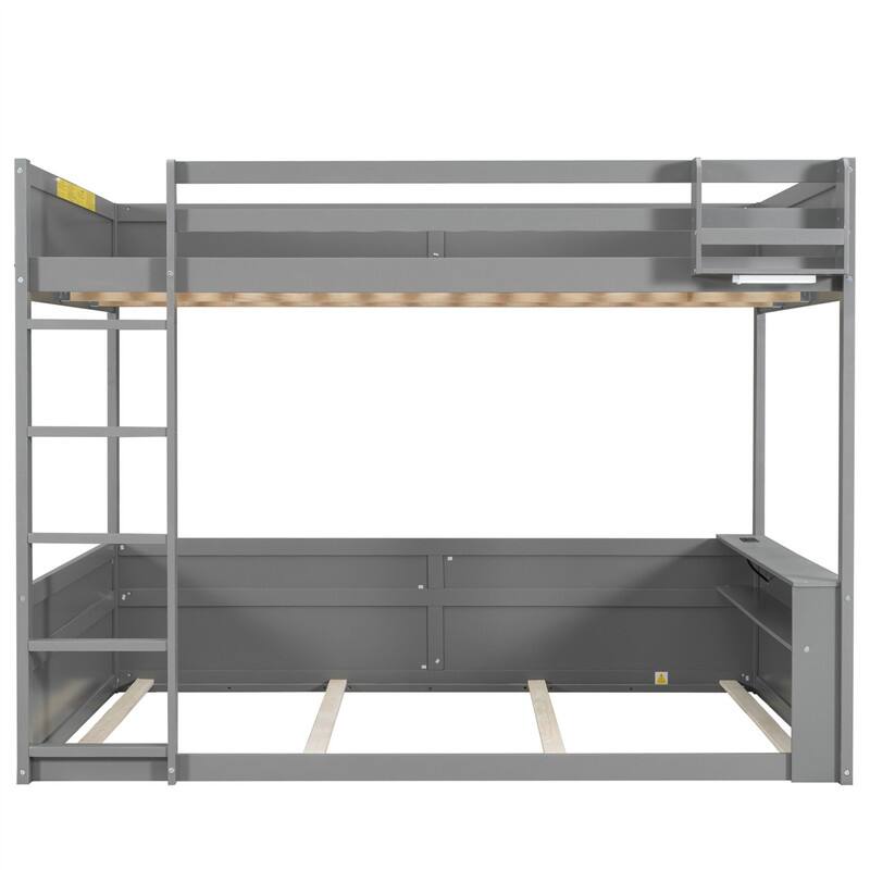 Queen Over Queen Bunk Bed with LED Light, Built-in Shelves and Storage Box, Solid Wood Bunk Bedframe with USB Charging Station