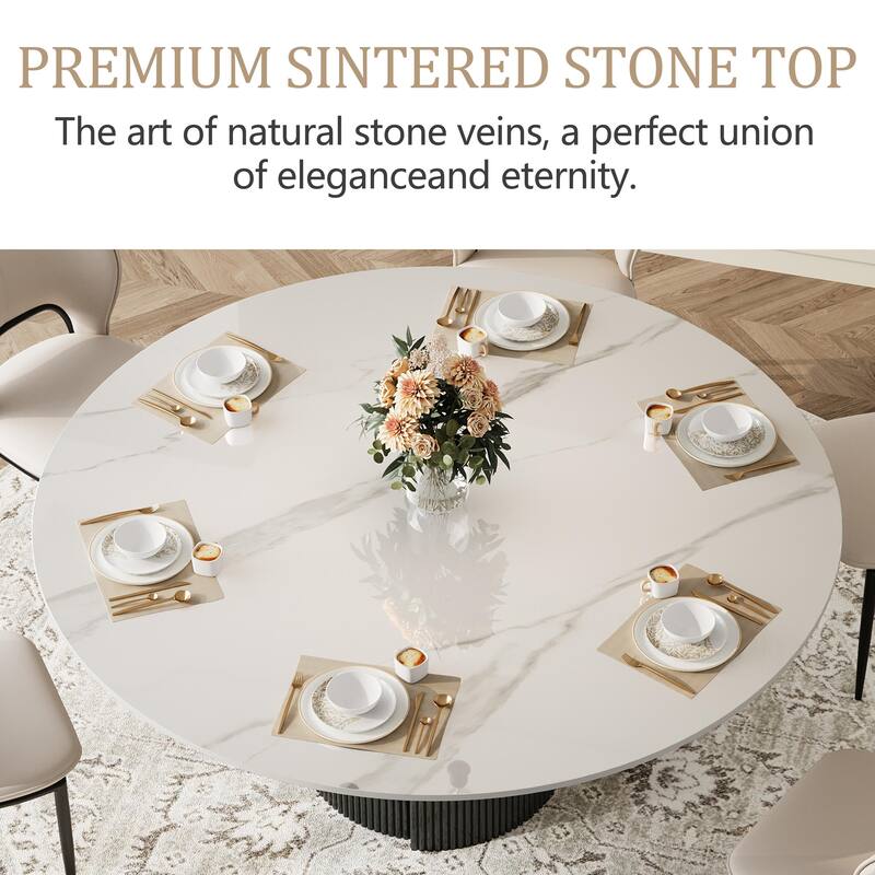 59" Modern Round Dining Table for 6-8, Glossy White Sintered stone Table top, Steel Grille column base