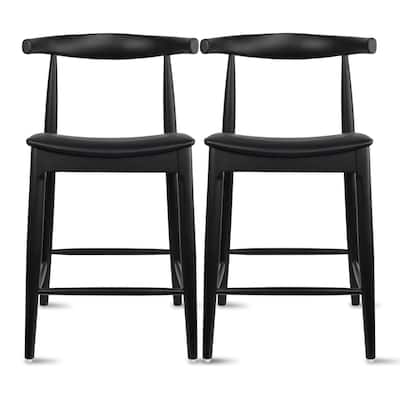 Set of 2 Solid Wood 25" Counter Height Bar Stools Barstools With Back Kitchen Island PU Leather Cushion Dining Elbow Kitchen