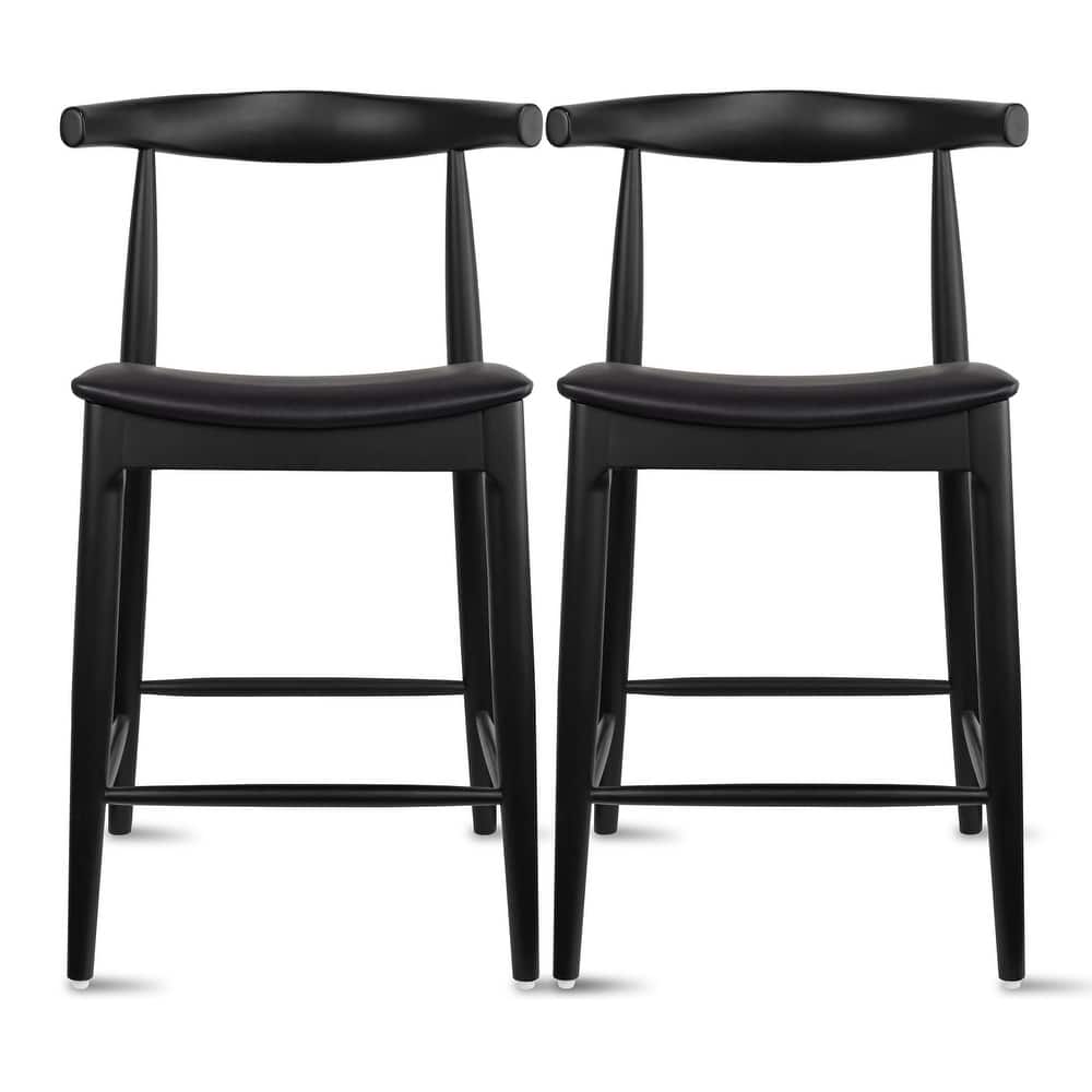 Set of 2 Solid Wood 25" Counter Height Bar Stools Barstools With Back Kitchen Island PU Leather Cushion Dining Elbow Kitchen