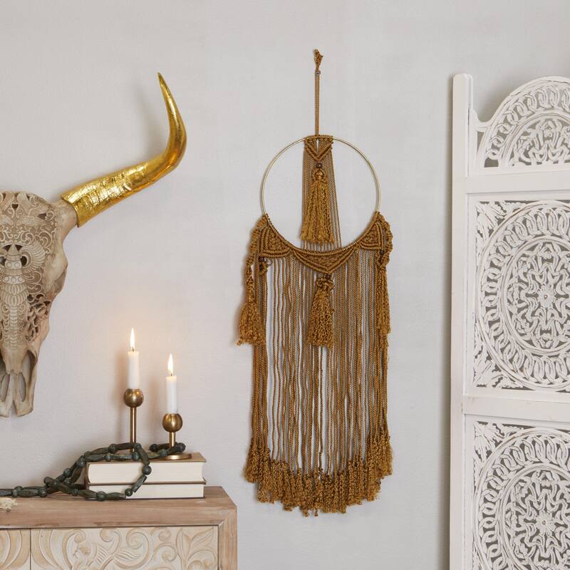 Fabric Macrame Handmade Intricately Weaved Wall Decor with Beaded Fringe Tassels - Brown - Roche River Decor