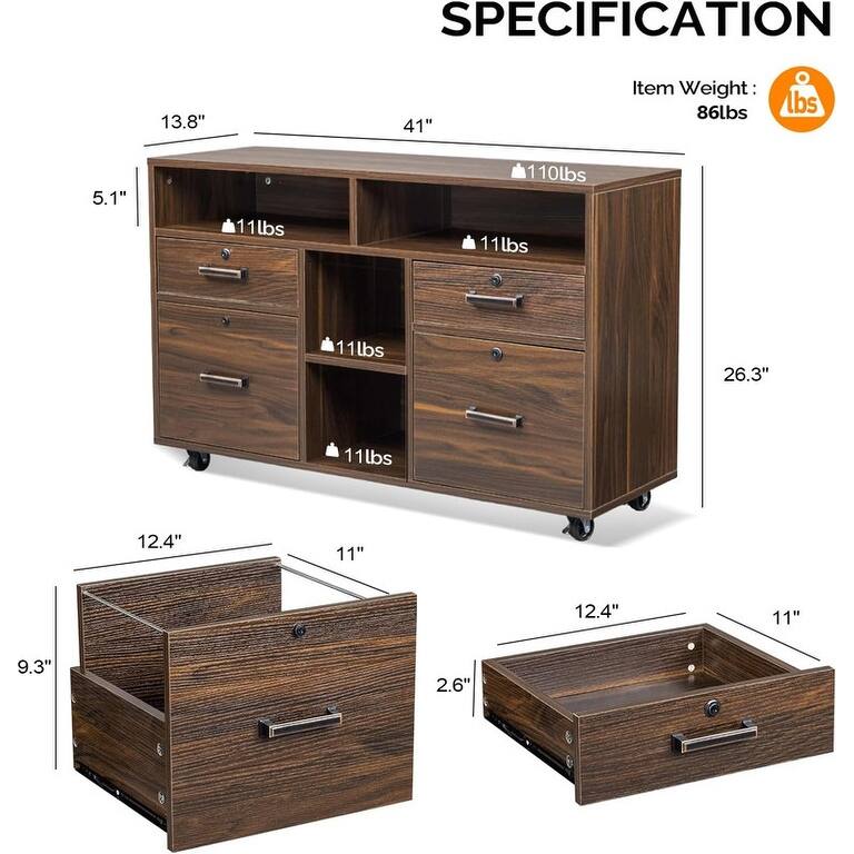 4 Drawer Wood Mobile Lockable Rolling File Cabinet with Shelves