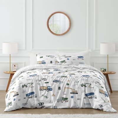 Construction Truck Collection Boy 3pc Full/Queen Comforter Set - Grey Yellow Black Blue and Green Transportation Chevron Arrow