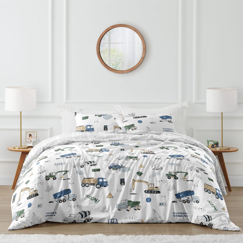 Construction Truck Collection Boy 3pc Full/Queen Comforter Set - Grey Yellow Black Blue and Green Transportation Chevron Arrow