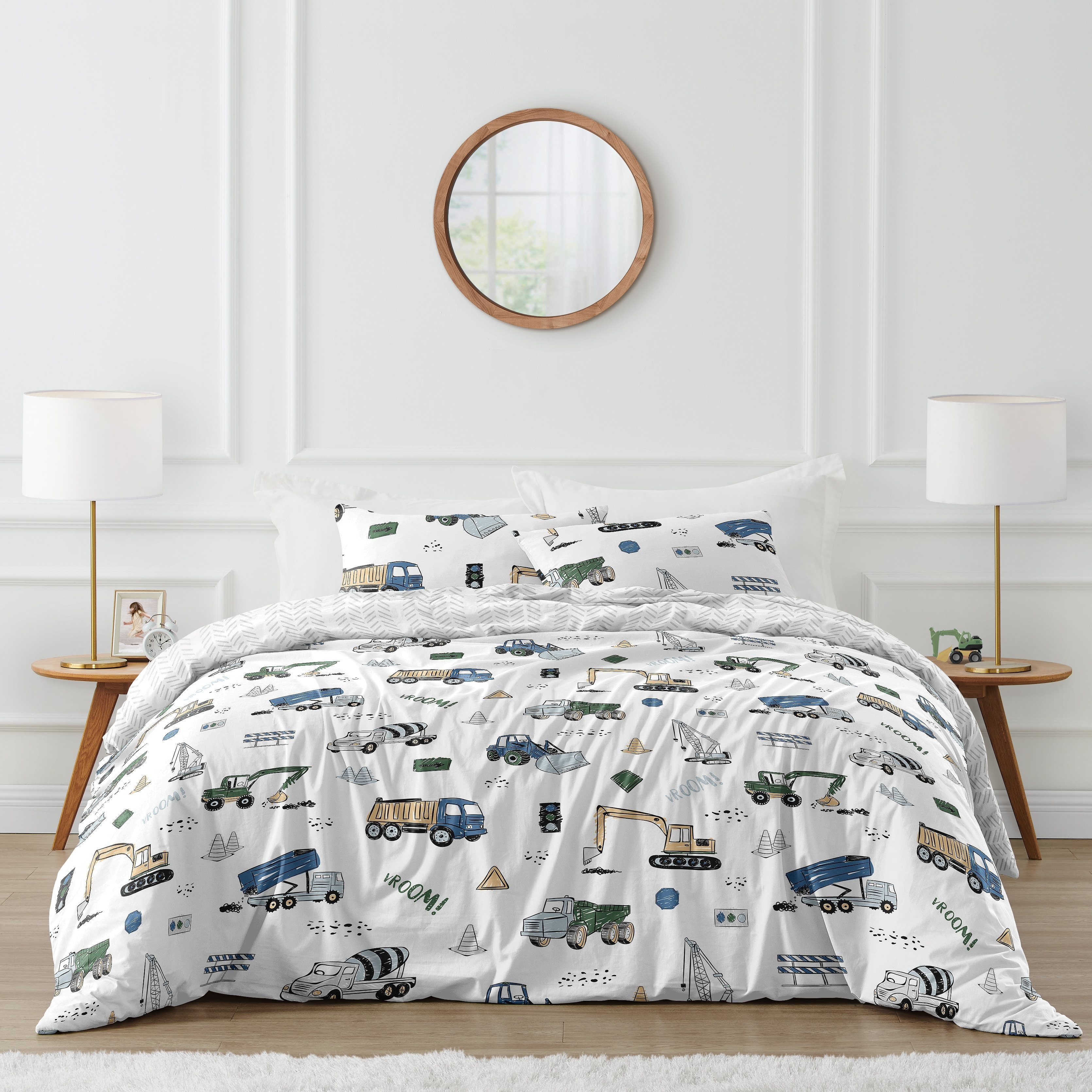 Construction Truck Collection Boy 3pc Full/Queen Comforter Set - Grey Yellow Black Blue and Green Transportation Chevron Arrow