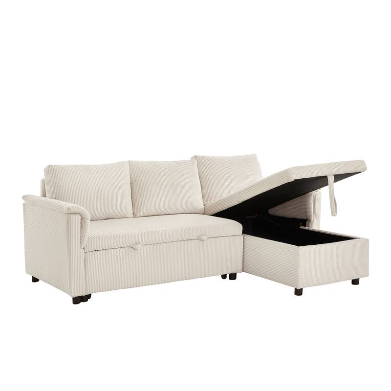Convertible Corduroy Modular Loveseat Pull-Out Sleeper with Storage Chaise and Reclining Backrest for Living Room