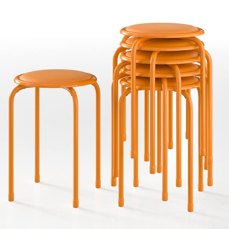 VECELO 6-Pack Stacking Stools for Living Room Backless Round Stools Set Indoor Outdoor Use with Metal Frame & Non-Slip Feet - Orange