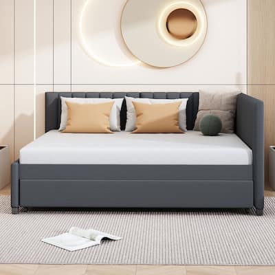 Linen Upholstered Bed Daybed with Twin Trundle