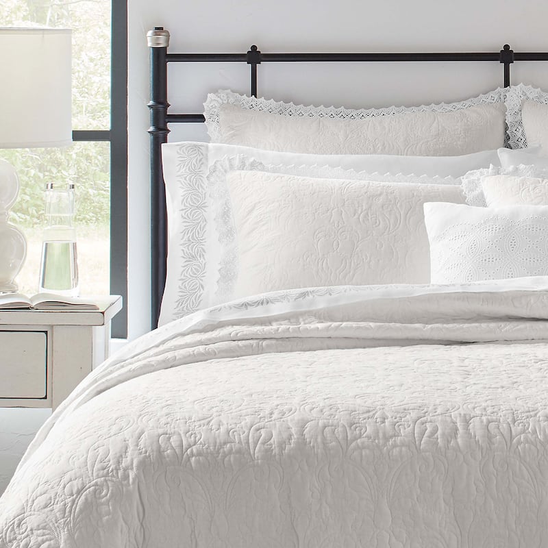 Laura Ashley Heirloom Crochet Cotton Reversible White Quilt Set