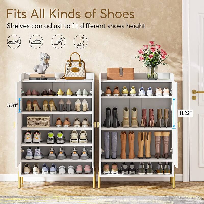 6 Tiers Shoe Cabinet Storage, Freestanding Wood Shoe Rack with Doors - 6-Tier