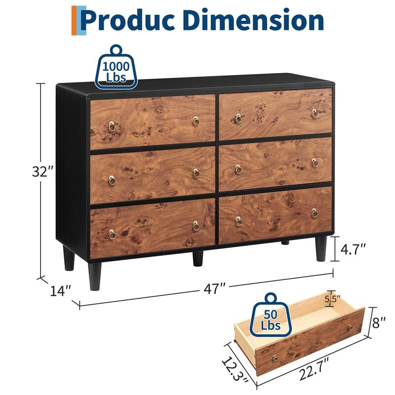 Modern Chest of Drawers with Natural Texture, Curved Profile Design, Dresser TV Stand, Wood Drawer Organizer for Bedroom