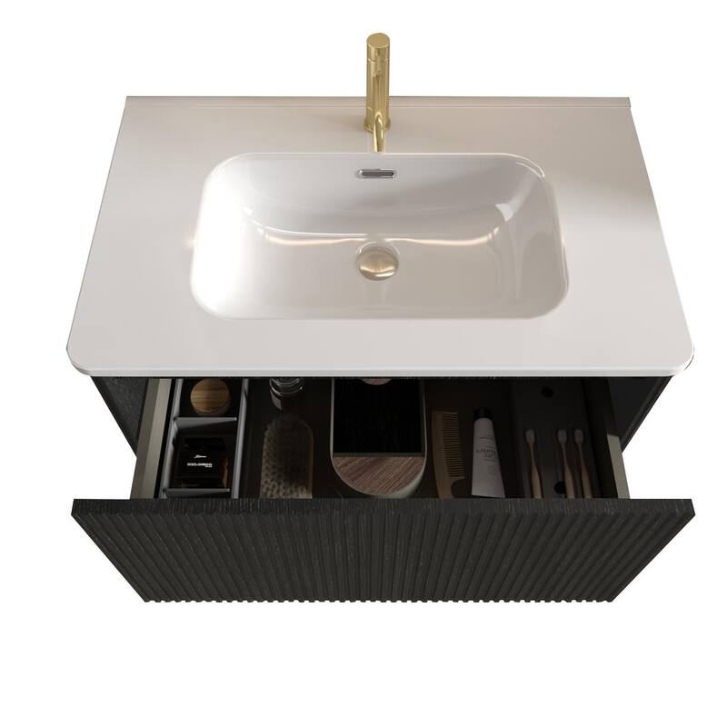 GDFStudio - Etna Floating Bathroom Vanity with Integrated Ceramic Sink, Modern Handle-Free Wall-Mounted Design, Pre-Assembled