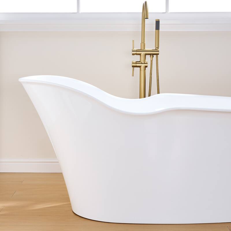 66'' W,63 GALLONS Freestanding Acrylic Soaking Bathtub With Drain And Overflow Holes