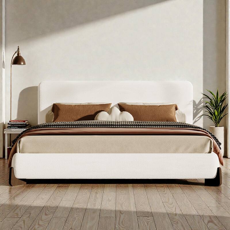 Boucle Upholstered Bed with Solid Wood Legs, Modern Queen/King Platform Bed, Soft Fabric Bedroom Centerpiece