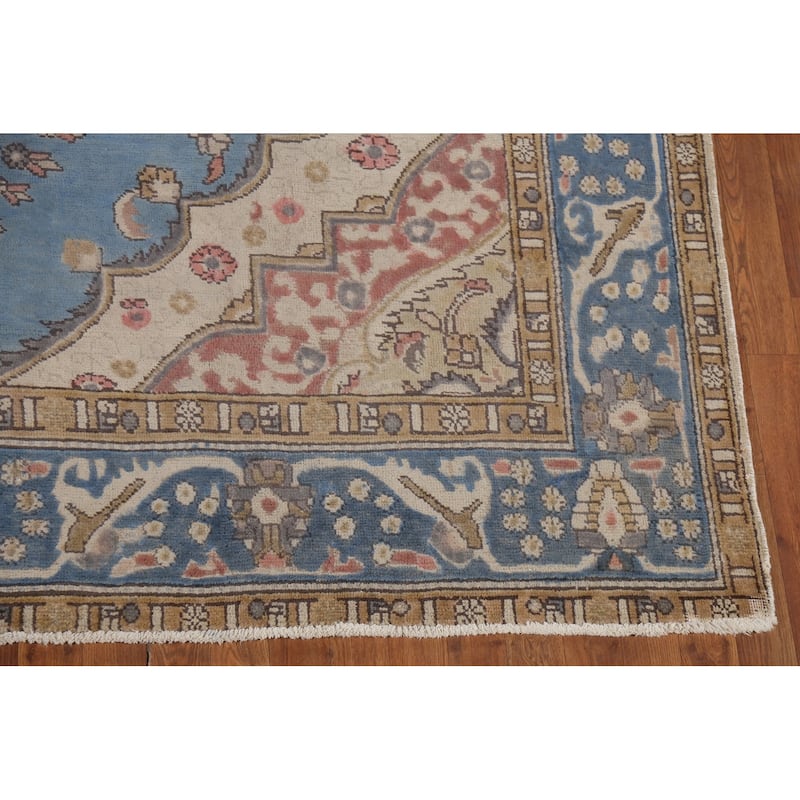 Blue Geometric Tabriz Persian Vintage Rug Hand-Knotted Wool Carpet - 8'2"x 10'9"