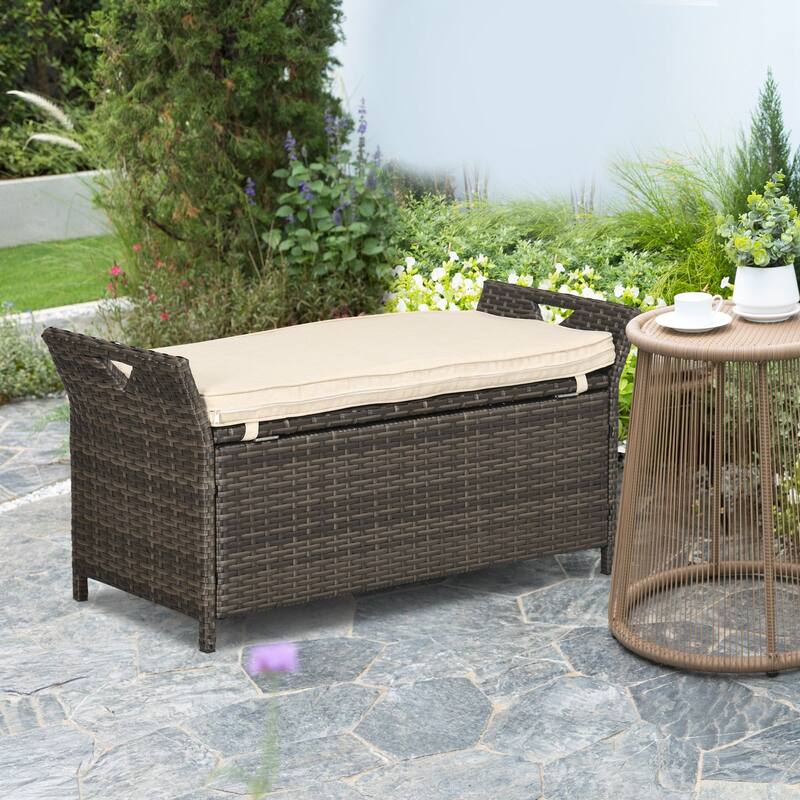 Simple Storage Bench with Rattan Decoration Entryway Bench, Upholstered Seat Window Bench Decorative Bench with Handles - Brown White