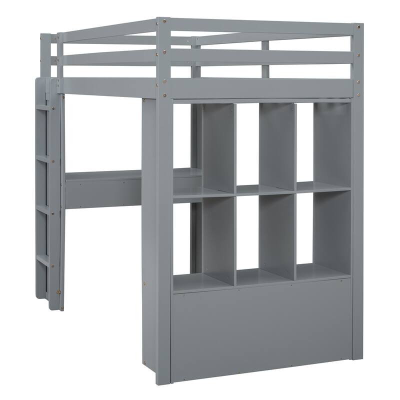 Twin Size Loft Bed with Large Shelves, Writing Sesk and LED Light