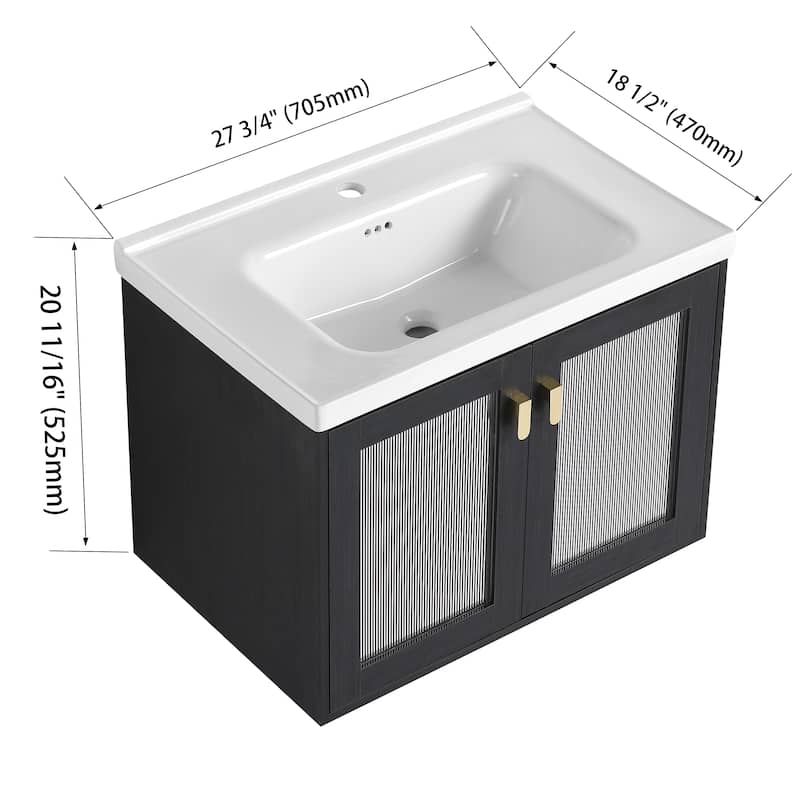 Malwee 28"/32" Floating Bathroom Vanity, Wall Mounted Bathroom Vanity with Ceramic Sink and Soft Close Door