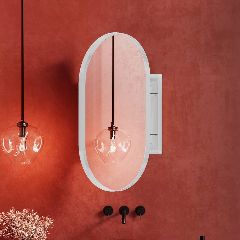 20x34"Oval Recessed Medicine Cabinet,Metal Framed Bathroom Wall Cabinet with Mirror and Adjustable Shelves - White