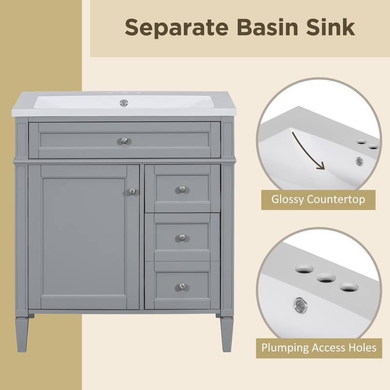 30 Inch Bathroom Vanity with Top Sink, Modern Storage Cabinet with 2 Drawers and Tip-Out Drawer, Single Sink Vanity