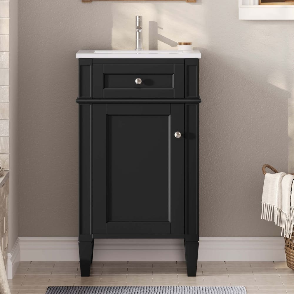 18" Freestanding Single Bathroom Vanity with Ceramic Sink, French Style Cabinet with Soft Close Door