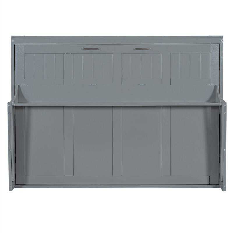 Full/Queen Size Wooden Murphy Bed with Desk, Foldable Murphy Bed Cabinet w/ Hydraulic Lift Design, Space Saving Murphy Chest Bed
