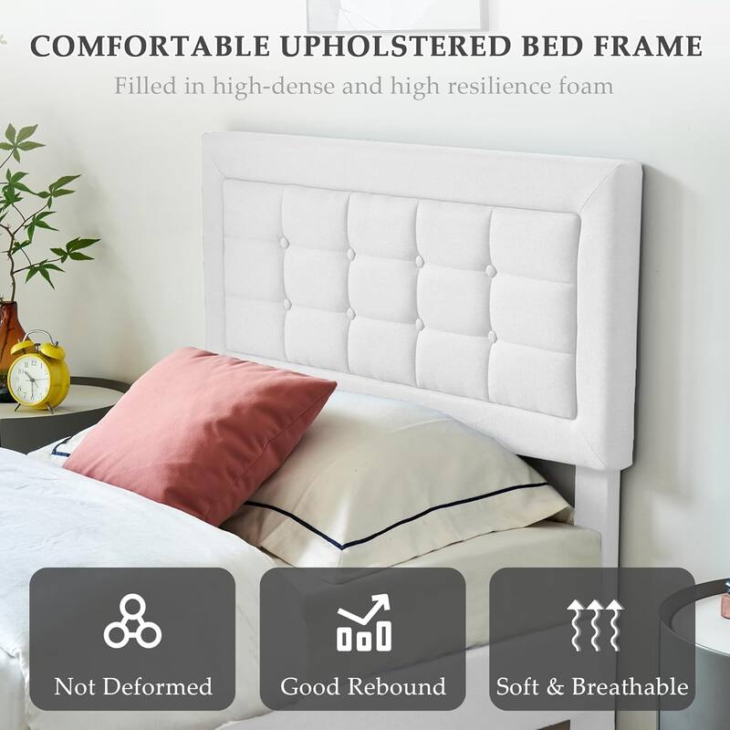 VECELO Bed Frame with Adjustable Headboard, Upholstered Button Tufted Platform Bedframe with Wood Slats Support