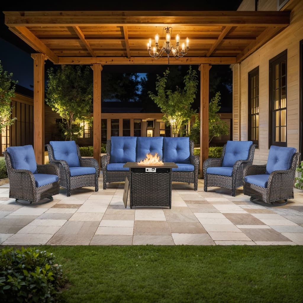 Fire Pit Table with Sofa 2 Swivel Chairs, 2 Patio Chairs