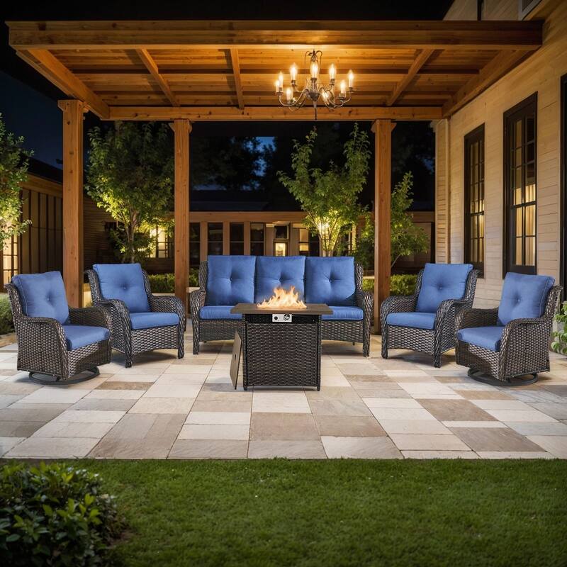 Pocassy 6 Pieces Fire Pit Table with Sofa Chairs - Brown Wicker Blue Cushion - 6 Pieces Sofa Chairs with Fire Table