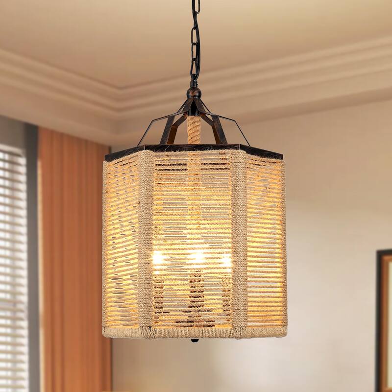 3-Light Farmhouse Lantern-style Chandelier with Hemp Rope for Living Room - Brown