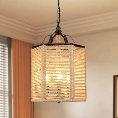 3-Light Farmhouse Lantern-style Chandelier with Hemp Rope for Living Room