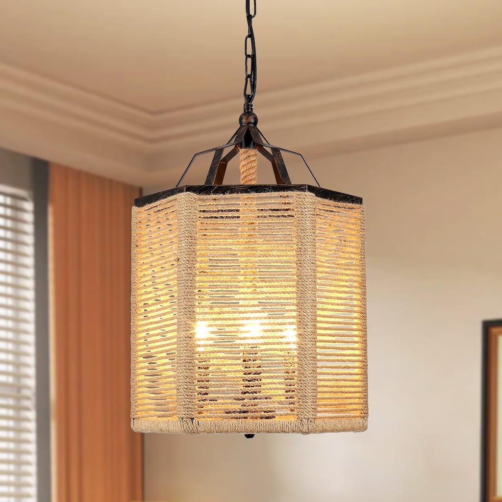 3-Light Farmhouse Lantern-style Chandelier with Hemp Rope for Living Room