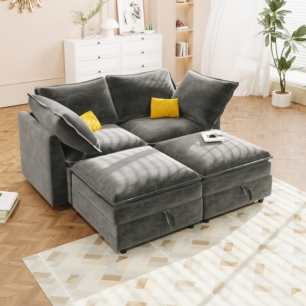 4-Piece Modular Sofa with Storage, Grey Chenille, 67x63x35 inches