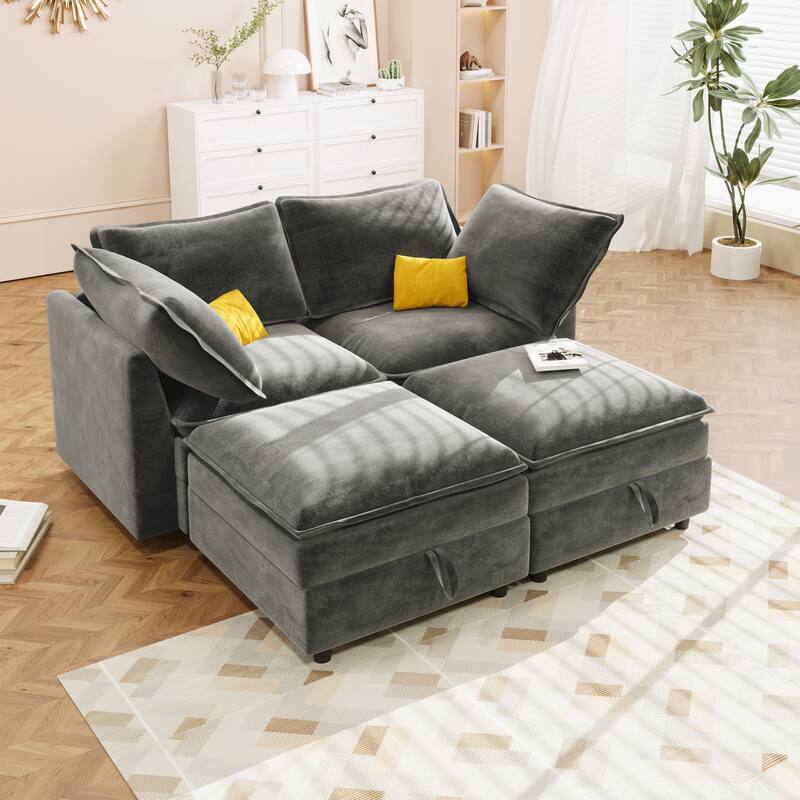 Modular Sleeper Sofa Bed with 2 Storage Ottomans and Pillows - Grey