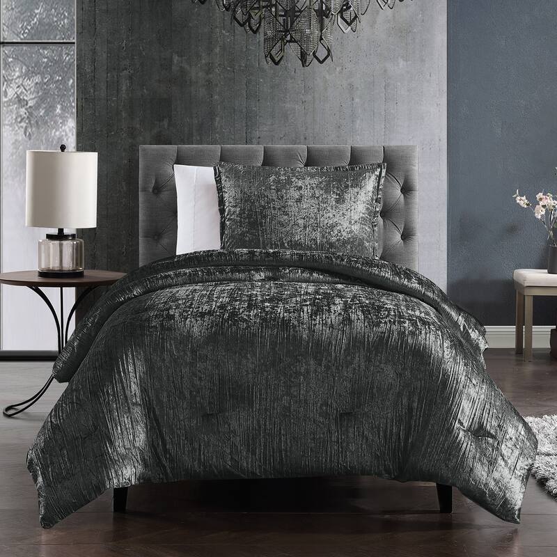 Riverbrook Home Turin Crinkled Velvet Comforter Collection - Charcoal - Twin - 2 Piece