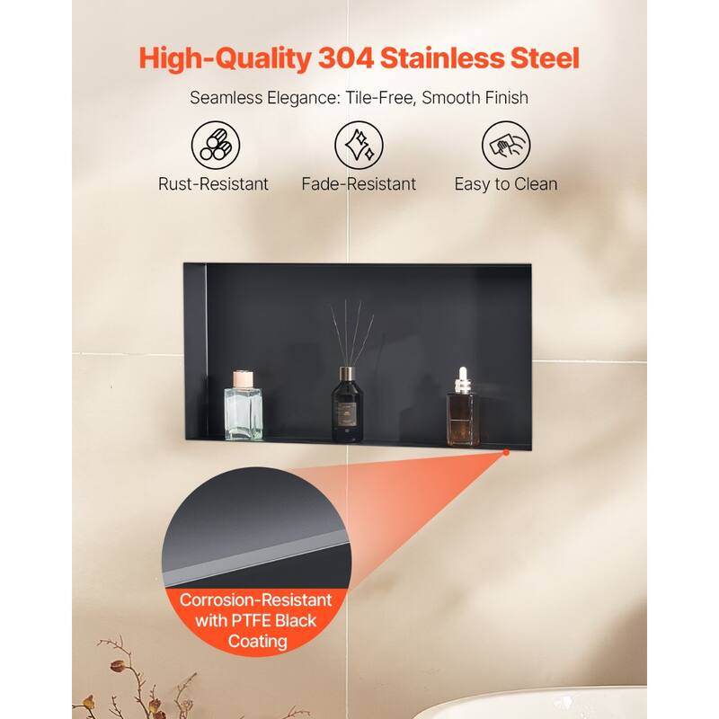 Black Stainless Steel Frameless Shower Niche with Waterproof Welded Edges and Drainage Slope - 4 x 13 x 25 inches
