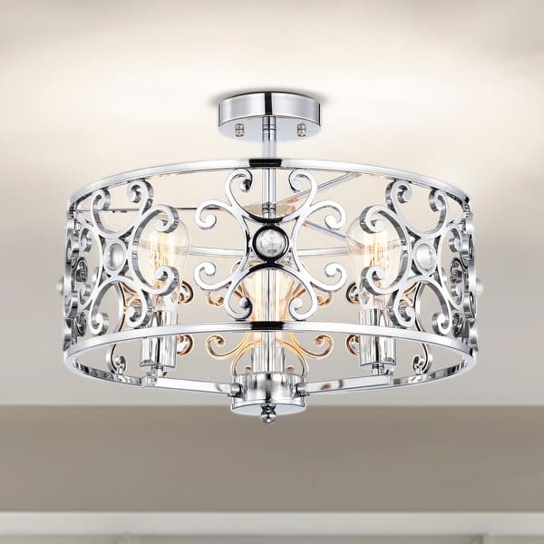 slide 2 of 18, Theofy 18 Inch Glam-Modern Drum Shade Semi Flush Mount 3-Light