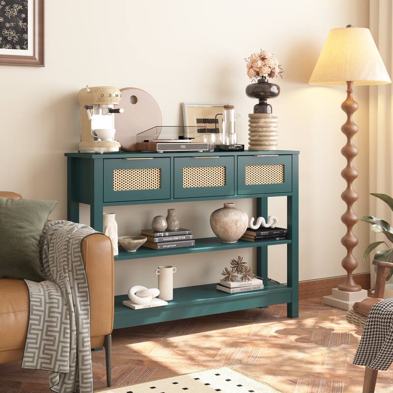 Anmytek Teal Rattan Entryway Console Table with 3 Drawers Adjustable Shelves Boho Chic Storage