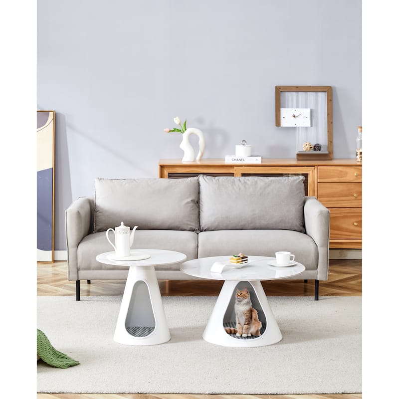 Set of 2 Coffee Round Tables With a Marble-Look top and steel base with 2 cat beds Multifunctional and stylish entable - White