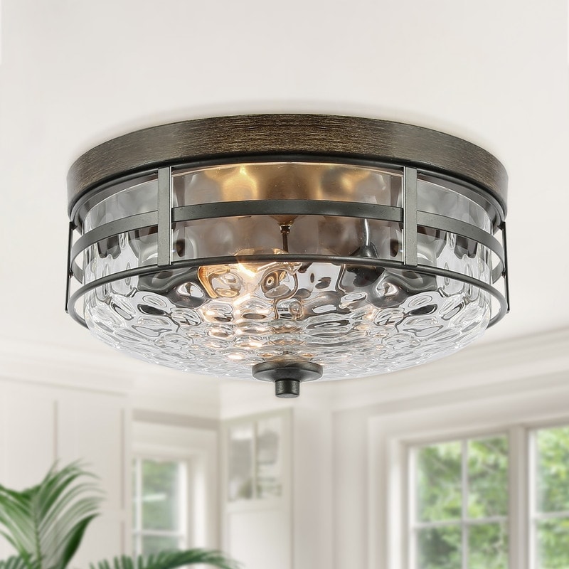 Zarbel Modern Farmhouse Drum 3-Light Rustic Faux Wood Accent Flush Mount Ceiling Light with Water-Rippled Glass Shade