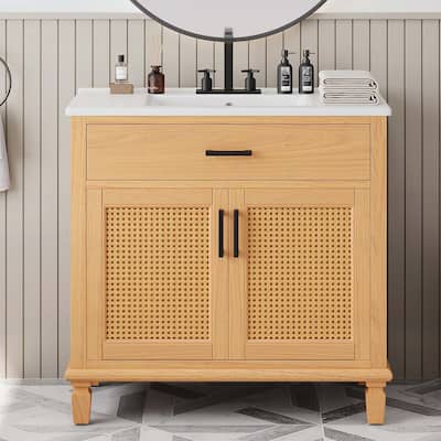 36 Inch Rattan Bathroom Vanity with Ceramic Sink,Modern Design with 2 Soft Close Doors and 3 Drawers
