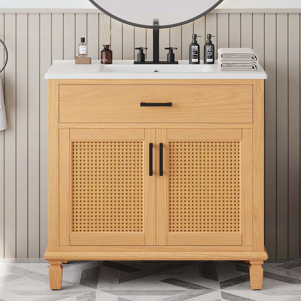 36 Inch Rattan Bathroom Vanity with Ceramic Sink,Modern Design with 2 Soft Close Doors and 3 Drawers