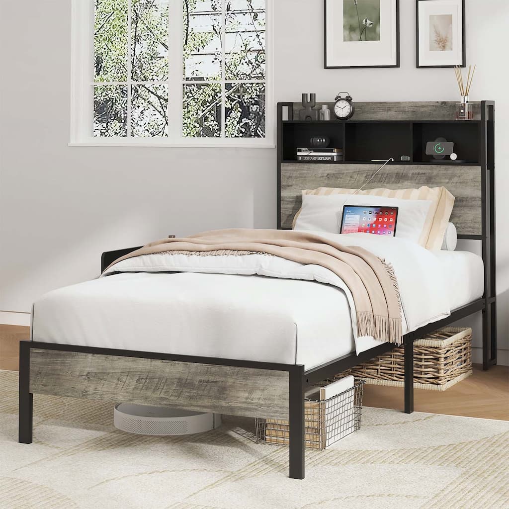 Platform Bed with Headboard Storage and Charging Station,Ideal for Modern Bedrooms and Efficient Living Spaces