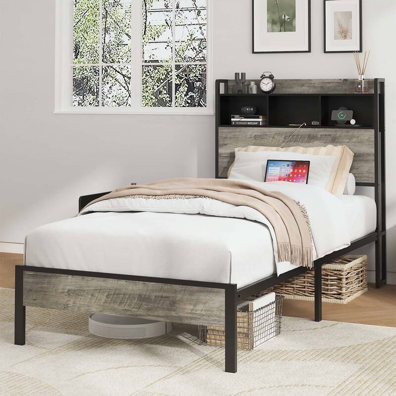 Wooden Platform Bed with Storage and 2 USBs,Large Under-Bed Storage