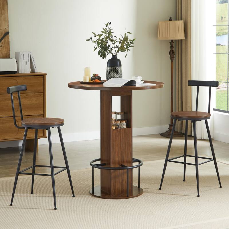 3-Piece Bar Table and Stool Set 31.5-inch round bar table with two stools Compact wooden dining bar with metal ring footrest
