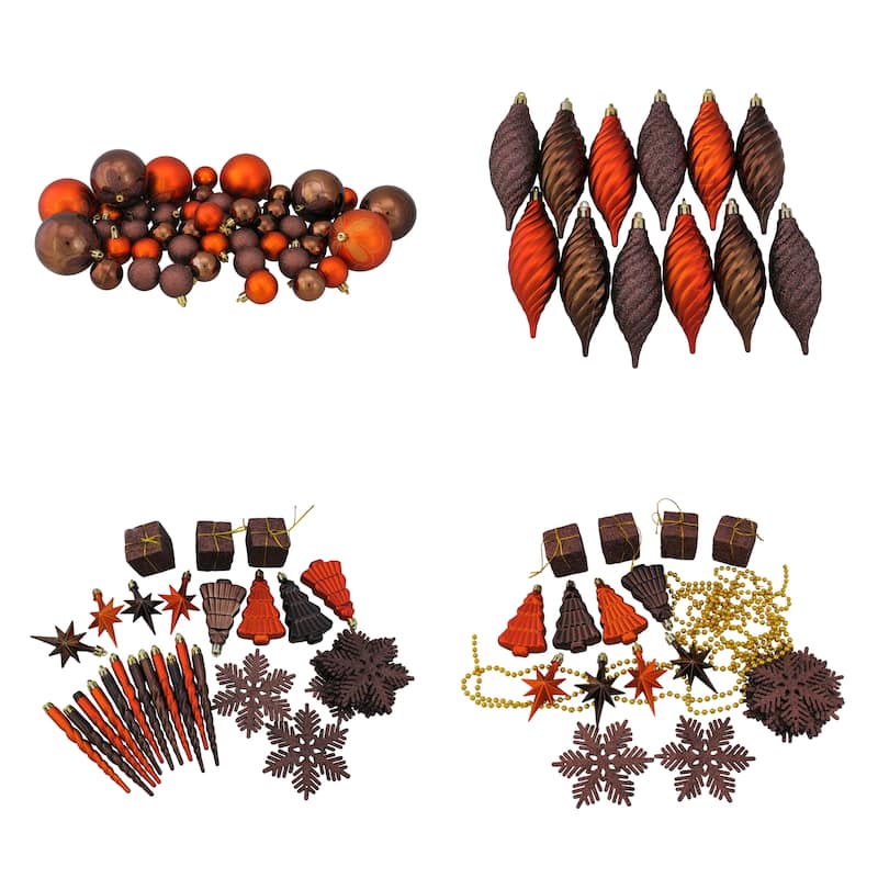 125ct Brown Orage Shatterproof 4-Finish Christmas Ornaments 5.5"