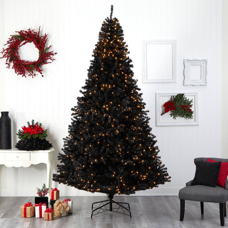 10' Pre-Lit Black Artificial Christmas Tree, Clear LED Lights - over-10-feet