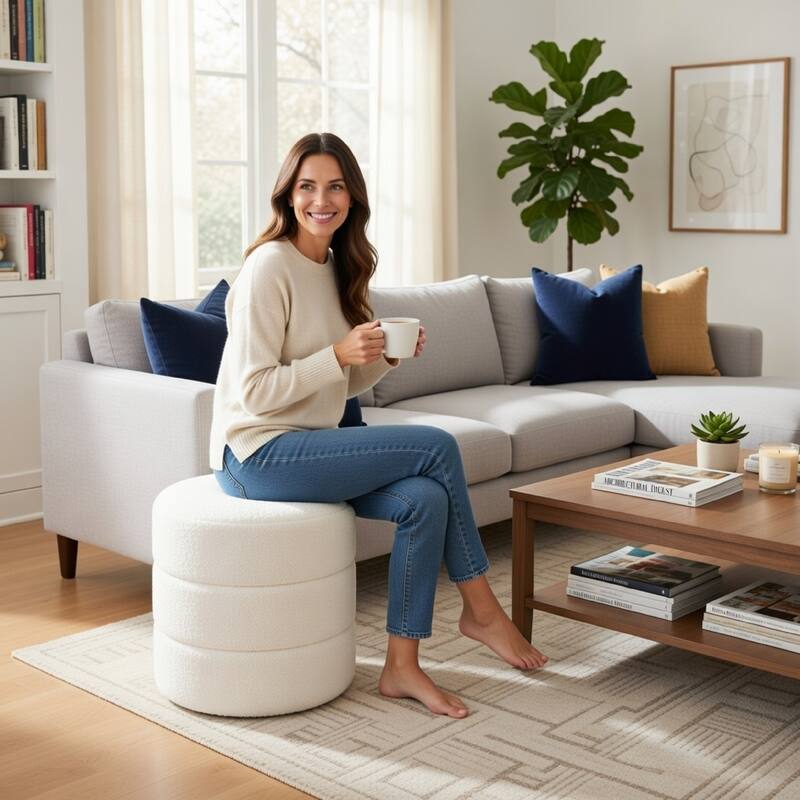 Sem Round Accent Ottoman, Cream White Chanel Stitched Boucle 18 Inch