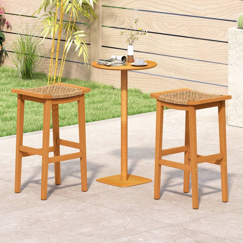 Gymax Outdoor Acacia Wood Bar Stools Set of 4 w/ PE Rattan Seats &
