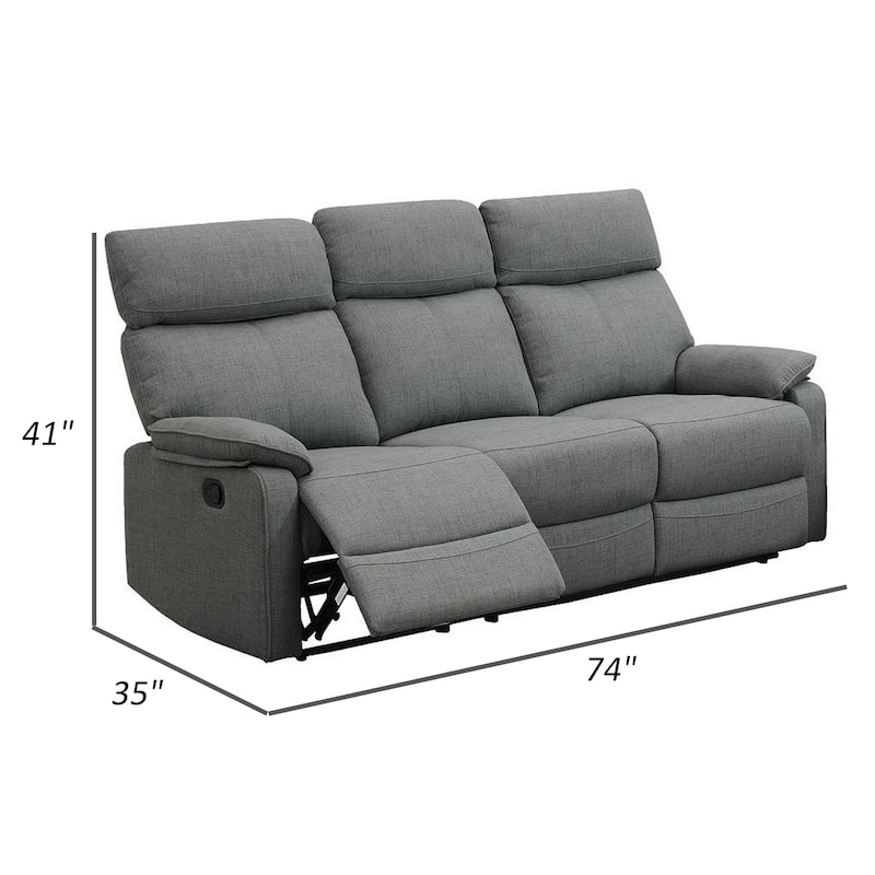 Fery 74 Inch Manual Recliner Sofa, 3 Seater, Gray Burlap Upholstery, Wood